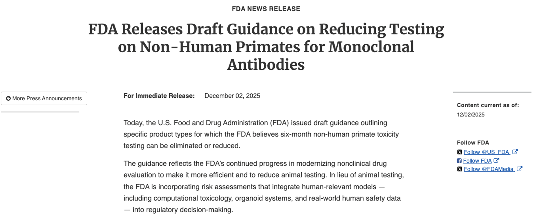 FDA发布关于减少单克隆抗体非人类灵长类动物测试的指导草案 FDA发布关于减少单克隆抗体非人类灵长类动物测试的指导草案