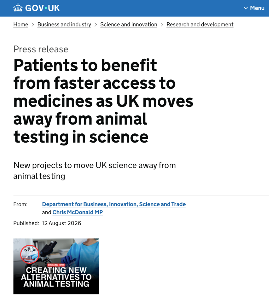 随着英国逐步淘汰动物实验，患者将受益于更快地获得药物[2]